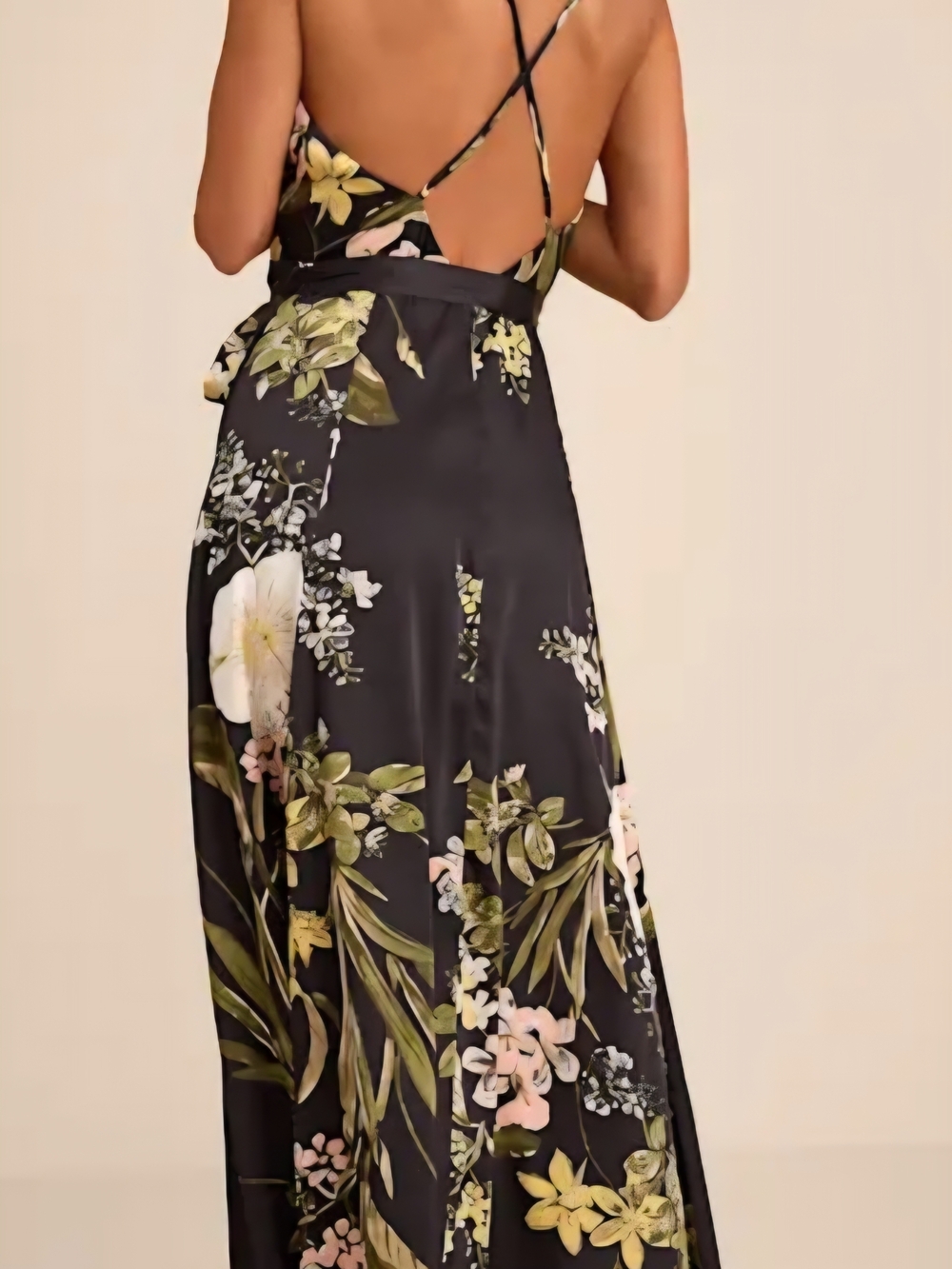 Still the One Black Floral Print Satin l Wrap Maxi Dress - Picture 3 of 4